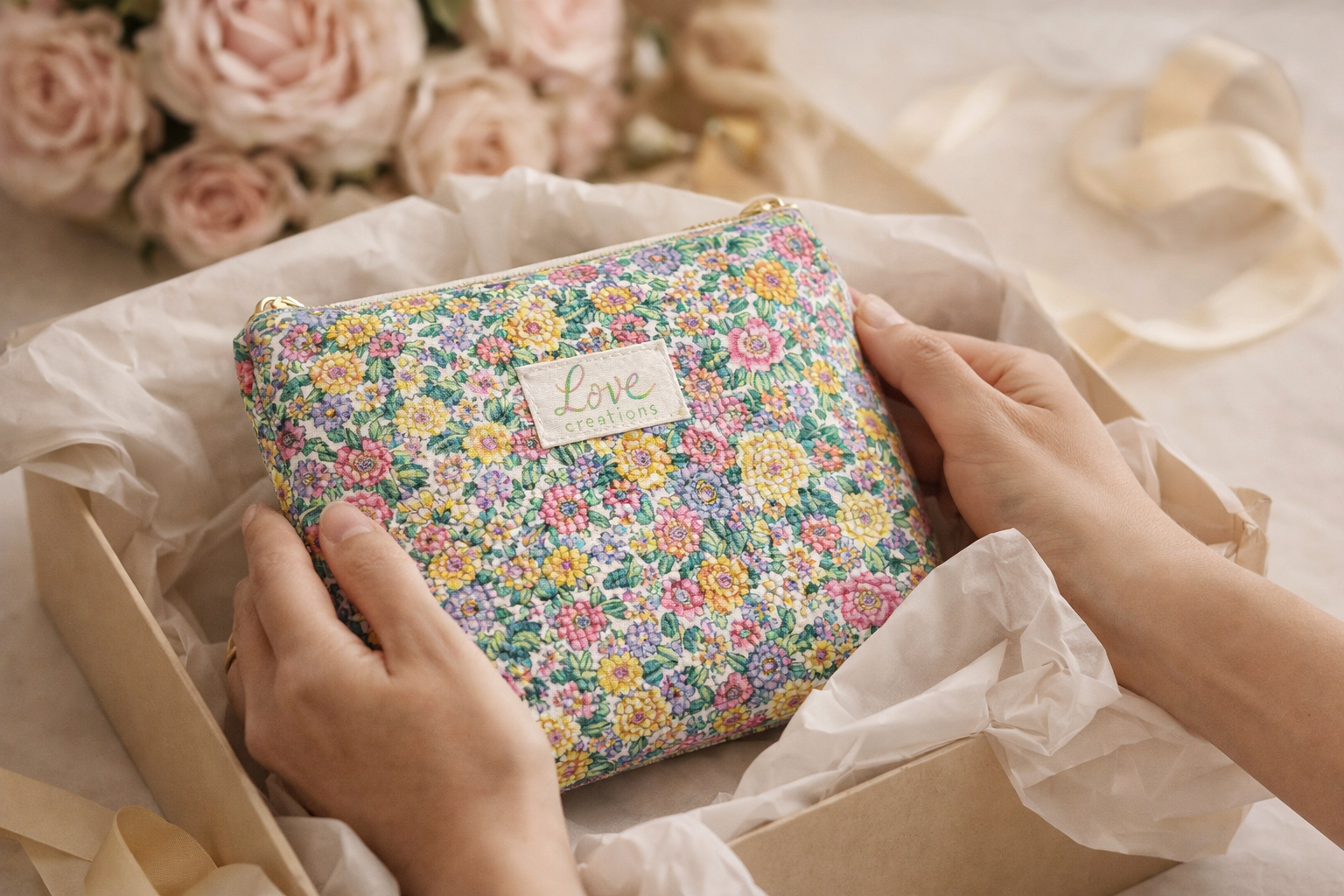 Liberty fabric makeup bag in floral print with gold zip detail